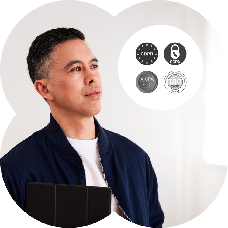 A headshot of a man with an overlayed graphic displaying our security badges including: GDPR, CCPA, AICPA SOC, ISO 27001